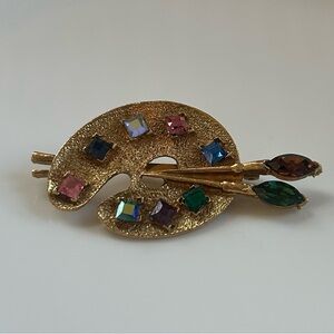 Vintage Gold Tone Metal/Rhinestone Artist Palette Brooch